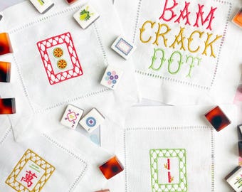 Christmas Mahjong Tiles Linen Cocktail Napkins: Set of 4