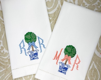 Monogrammed Blue Willow Topiary Guest Towel