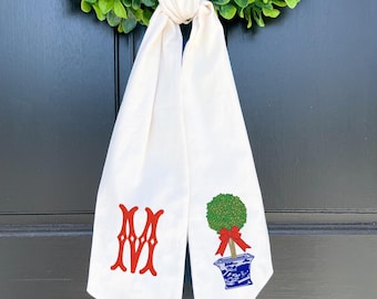 Monogrammed Chinoiserie Topiary Wreath Sash with Christmas Bow
