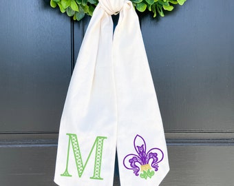 Monogrammed Mardi Gras Wreath Sash with Fleur de Lis