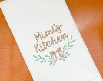 Personalized Kitchen Tea Towel with Bow and Greenery
