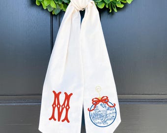 Monogrammed Wreath Sash with Blue Willow Christmas Ornament