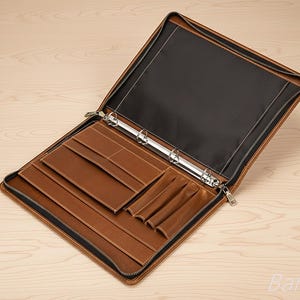 Personalized Leather Portfolio Case Binder 3 Rings Zippered Organizer Document Holder A4 Padfolio image 2