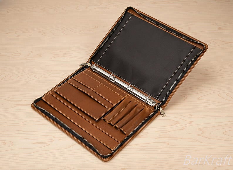 Personalized Leather Portfolio Case Binder 3 Rings Zippered Organizer Document Holder A4 Padfolio image 2