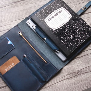 Capa de livro de composição de portfólio de couro feminino, presentes de viagem Padfolio masculino, bolsa de planejador de caderno com zíper, pasta de bloco de notas personalizada Folio