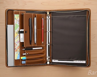 Personalized Leather Portfolio Case Binder 3 Rings Zippered Organizer Document Holder A4 Padfolio