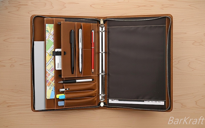 Personalized Leather Portfolio Case Binder 3 Rings Zippered Organizer Document Holder A4 Padfolio image 1