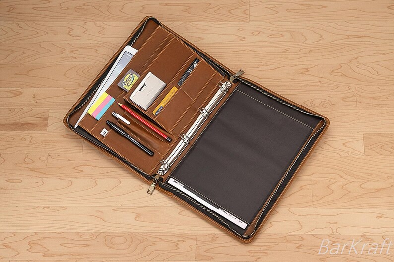 Personalized Leather Portfolio Case Binder 3 Rings Zippered Organizer Document Holder A4 Padfolio image 4