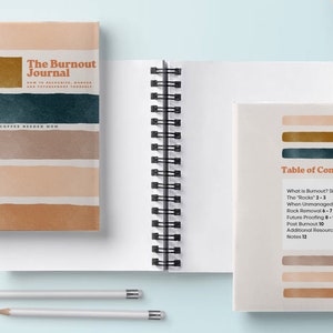May include: Two spiral bound journals with a brown, beige, and teal striped cover. The journal on the left has the title "The Burnout Journal" and the text "How to Recognize, Manage and Re-energize Yourself" and "By: No Coffee Needed Mom". The journal on the right has the title "Table of Contents" and a list of topics including "What is Burnout? Signs", "The "Rocks"", "When Unmanaged", "Rock Removal", "Future Proofing", "Post Burnout", "Additional Resources", and "Notes".
