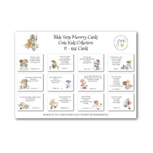 May include: A set of 12 Bible Verse Memory Cards from the Cute Kids Collection. Each card features a watercolor illustration of children and a Bible verse. The cards are 4x6 inches in size and are designed for educational and inspirational purposes.