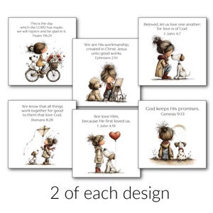 May include: A collection of six square cards featuring whimsical illustrations of a child and a dog with various Bible verses including Psalm 118:24, Ephesians 2:10, 1 John 4:7, Romans 8:28, 1 John 4:19, and Genesis 9:13. The text 2 of each design is below.