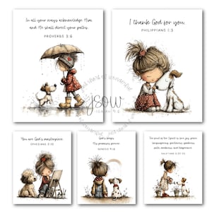 May include: A set of five art prints featuring illustrations of a child and a dog with Bible verses. The prints include text such as Proverbs 3:6, Philippians 1:3, Ephesians 2:10, Genesis 9:16, and Galatians 5:22-23, with watercolor-style drawings.