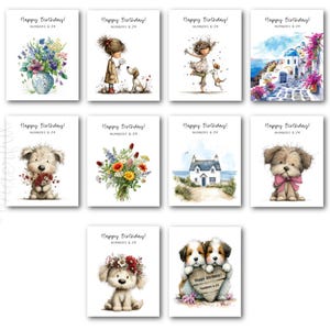 May include: A collection of watercolor birthday cards. Each card features a unique design, including floral arrangements, children with dogs, coastal scenes, and adorable puppies. The text "Happy Birthday! NUMBERS 6:24" is printed at the top of each card.