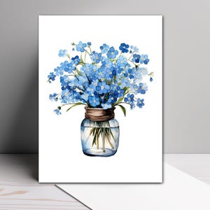 May include: Watercolor painting of a bouquet of blue forget-me-nots in a clear glass jar with a brown rim. The flowers are in full bloom, with green stems and leaves. The jar is set against a white background.