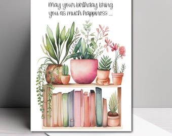Book Lover Birthday Card: Bookshelf and Plants