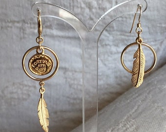 Gold feather earrings Long gold earrings Gold filled earrings Gold coin earrings Long feather earrings Boho Earrings Gold feathers dangle