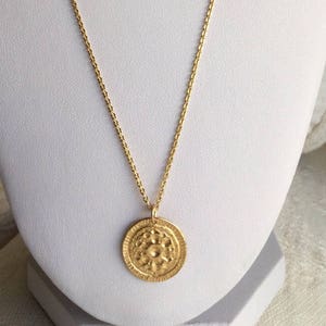 Gold coin necklace Gold hammered necklace 14k gold medallion necklace gold coin pendant Greek coin necklace gold sun pendant necklace flower image 3