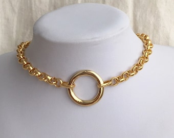 Gold choker gold wide necklace gold statement necklace Gold link necklace chunky gold necklace gold circle jewelry thick gold vintage style