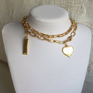 Gold large link necklace statement thick gold necklace Gold link necklace chunky gold necklace Vintage couture heart charm trendy jewelry