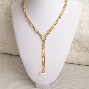 Gold lariat Y necklace unisex necklace Gold Y necklace link chain necklace rectangle necklace toggle link necklace Chunky Elongated Chain