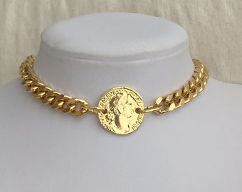 Gold coin necklace Greece coin necklace  Medallion necklace chunky curb gold choker Gold coin pendant Gold coin choker heavy Gold choker