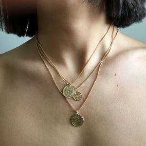 Gold coin necklace Gold hammered necklace 14k gold medallion necklace gold coin pendant Greek coin necklace gold sun pendant necklace flower image 6