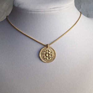 Gold coin necklace Gold hammered necklace 14k gold medallion necklace gold coin pendant Greek coin necklace gold sun pendant necklace flower image 2