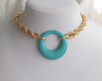 Large circle pendant choker turquoise necklace hip hop jewelry turquoise and gold thick gold rope necklace turquoise jewelry ring necklace