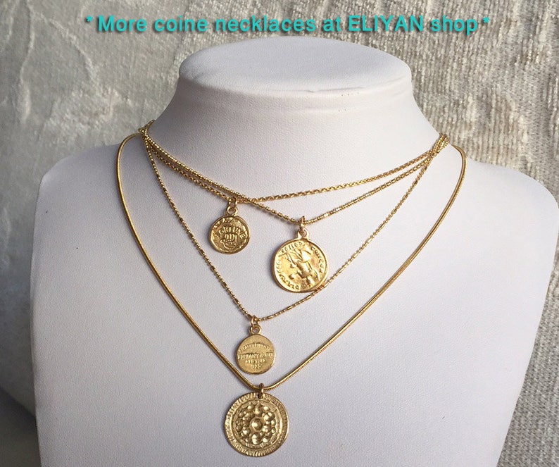 Gold coin necklace Gold hammered necklace 14k gold medallion necklace gold coin pendant Greek coin necklace gold sun pendant necklace flower image 9