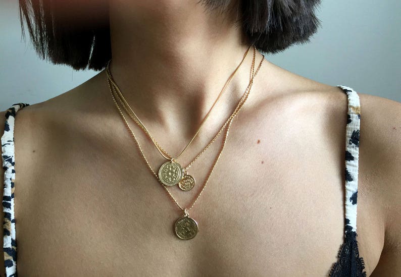 Gold coin necklace Gold hammered necklace 14k gold medallion necklace gold coin pendant Greek coin necklace gold sun pendant necklace flower image 6