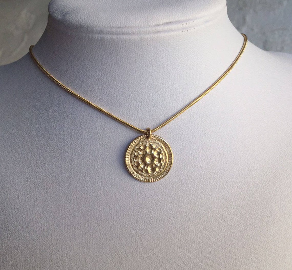 Gold coin necklace Gold hammered necklace 14k gold medallion Etsy