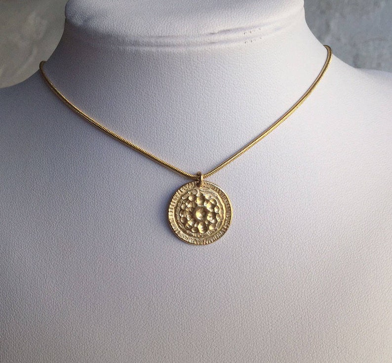 Gold coin necklace Gold hammered necklace 14k gold medallion necklace gold coin pendant Greek coin necklace gold sun pendant necklace flower image 2