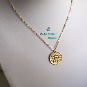 Gold coin necklace Gold hammered necklace 14k gold medallion necklace gold coin pendant Greek coin necklace gold sun pendant necklace flower image 4