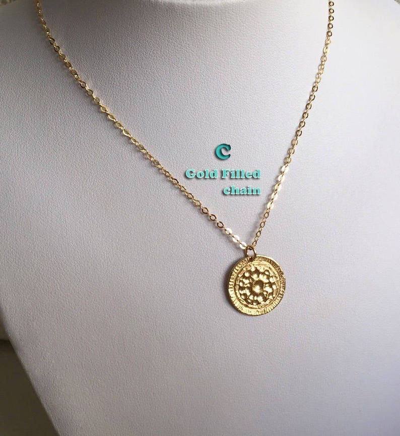 Gold coin necklace Gold hammered necklace 14k gold medallion necklace gold coin pendant Greek coin necklace gold sun pendant necklace flower image 4
