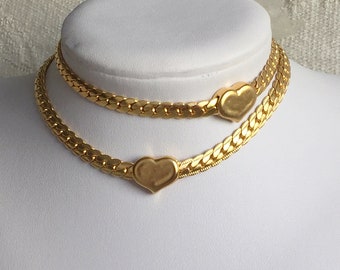 Gold heart Choker Wide Gold Choker chunky gold statement choker snake chain necklace thick gold necklace flat gold chain letters necklace