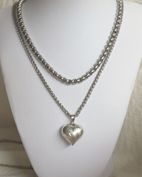 Silver Heart Necklace Big Men - Large Silver Puffed Heart Pendant Silver Heart Necklace Big Men - Large Silver Puffed Heart Pendant
