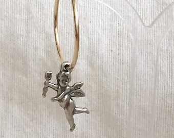 14K Gold Filled Hoop Earrings, Silver Cupid Angel Charm