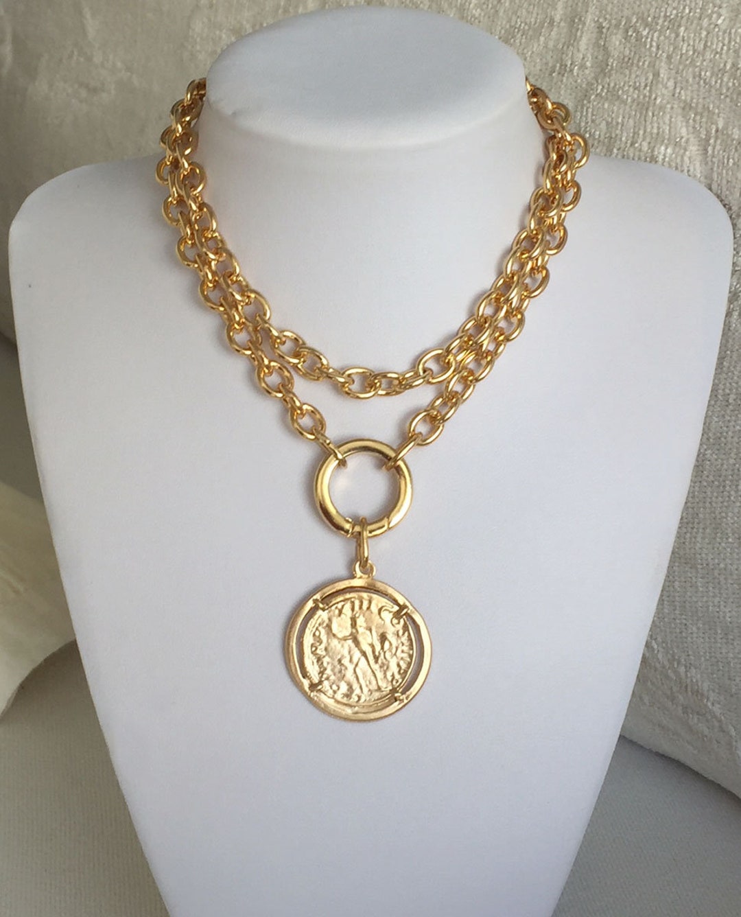Chunky Gold Necklace Gold Coin Necklace Large Coin Necklace Wide Gold ...