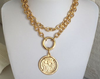 Chunky gold necklace Gold coin necklace large coin necklace wide gold necklace Gold link necklace medallion of strength and determination!