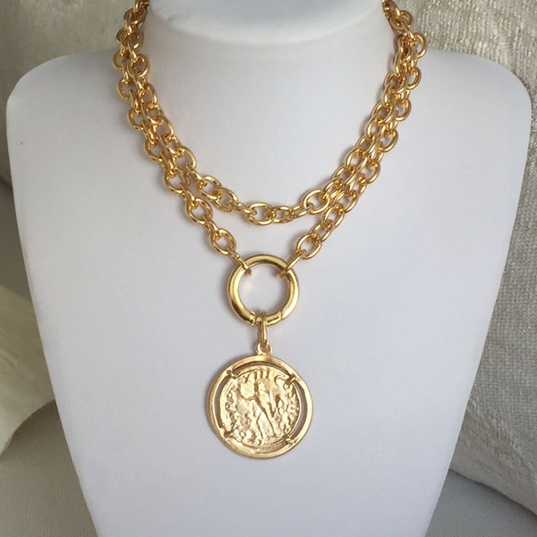 Chunky gold necklace Gold coin necklace large coin necklace wide gold necklace Gold link necklace medallion of strength and determination!