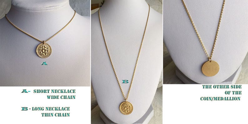 Gold coin necklace Gold hammered necklace 14k gold medallion necklace gold coin pendant Greek coin necklace gold sun pendant necklace flower image 5