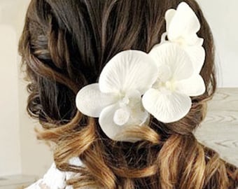 Orchid Hair Clip, White Flower Hair Clip, Orchid Hair Flower Bridal Hair Pin, Hair Pins Wedding Headpiece, Set of 3