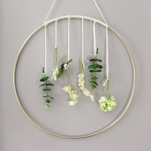 Flower Boho Wall Hanging Greenery, Yarn Wall Hanging Gold Metal Wall Decor, Farmhouse Wreath Indoor Modern Wreath Spring