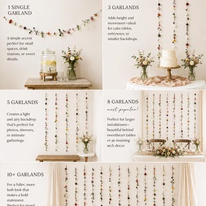 May include: A multi-panel display showing floral garlands in various quantities. The text reads CHOOSE YOUR QUANTITY, style it your way, Handmade to Order, Perfect for Every Moment, 1 SINGLE GARLAND, 3 GARLANDS, 5 GARLANDS, 8 GARLANDS, 10+ GARLANDS.