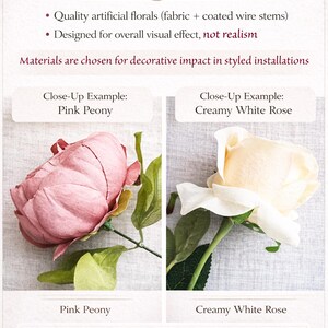 Pu&ograve; includere: Immagine che mostra materiali floreali artificiali e il loro effetto visivo. Include esempi ravvicinati di una peonia rosa e una rosa bianco crema. Il testo evidenzia l'attenzione al design per sfondi di eventi e installazioni stilizzate.