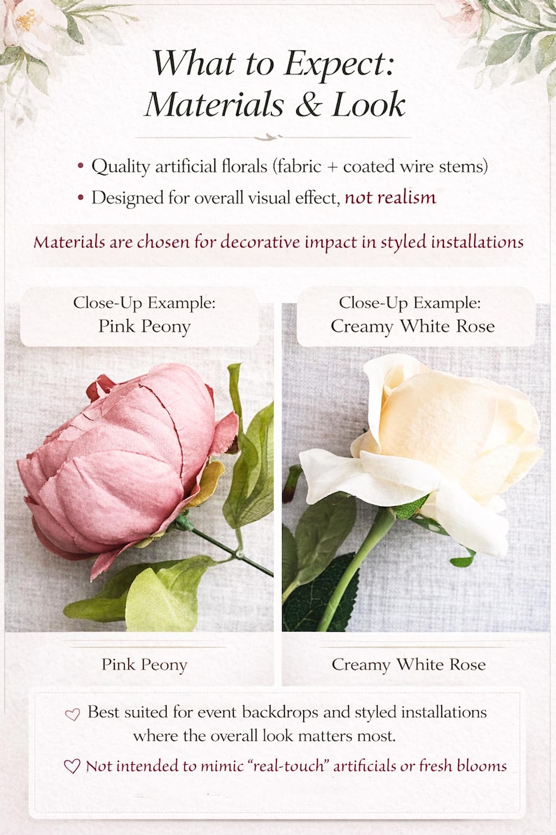 Pu&ograve; includere: Immagine che mostra materiali floreali artificiali e il loro effetto visivo. Include esempi ravvicinati di una peonia rosa e una rosa bianco crema. Il testo evidenzia l'attenzione al design per sfondi di eventi e installazioni stilizzate.