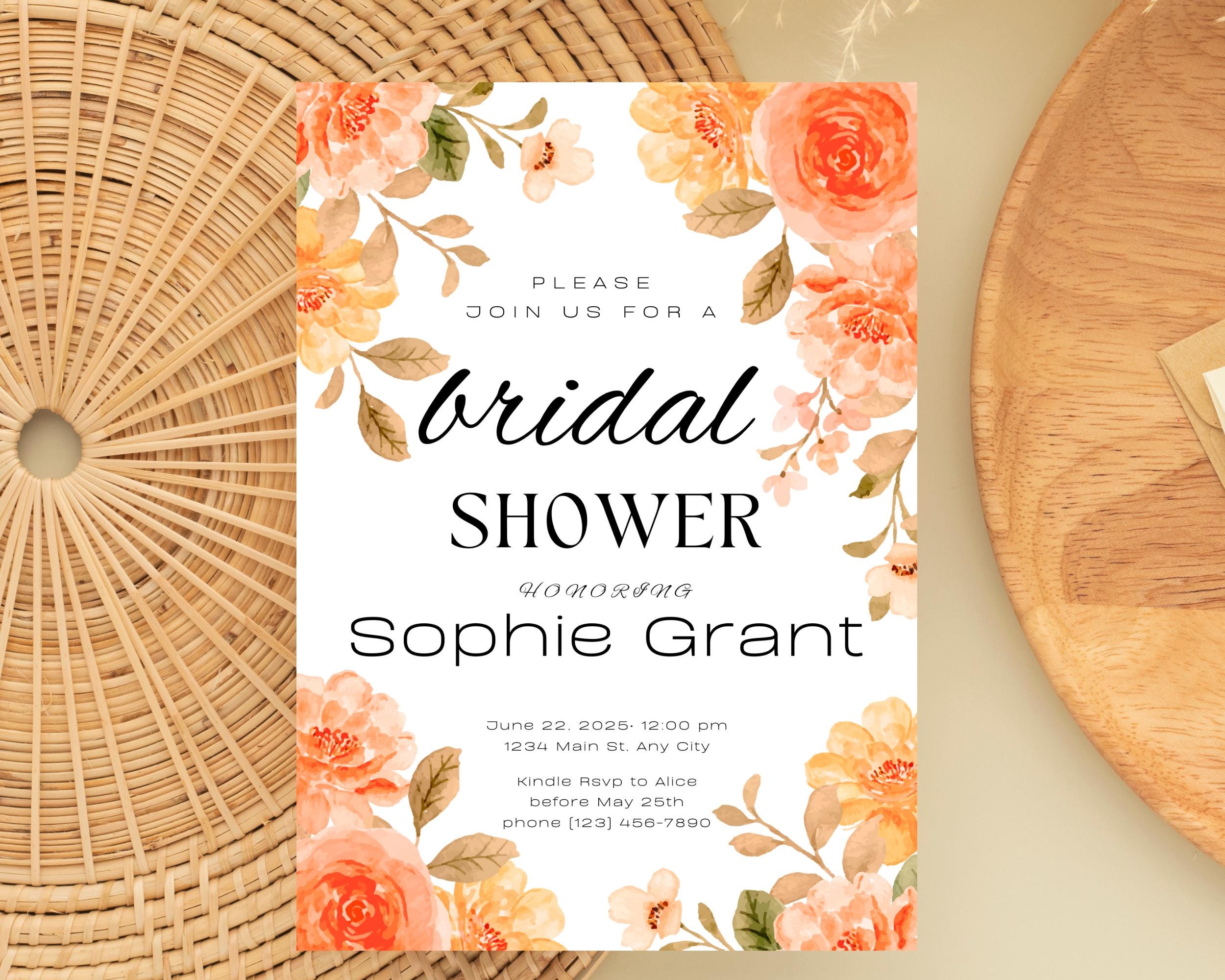 Boho Bridal Shower Invite, Peach Floral Bridal Shower Invitation, Invitation Templates Canva, Flower Invitation, Downloadable Invitations