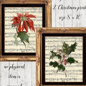 Imprimible navideño, arte mural imprimible, arte mural navideño, impresiones botánicas digitales, impresión vintage de flor de Pascua, impresión vintage de acebo, 8x10