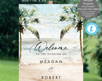 beach welcome sign template, beach wedding sign template, editable beach wedding sign, married abroad wedding sign, 18x24,Templett, you edit