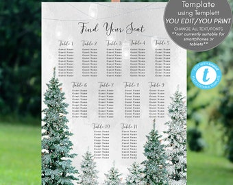 winter wedding seating chart sign, editable seating chart template, winter wedding seating plan template, christmas wedding, templett, 24x36